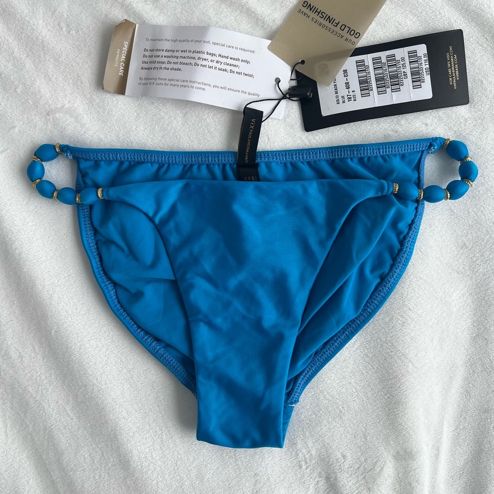 NWT Vix Aqua Blue Solid Beads Full Coverage Bikini Bottoms